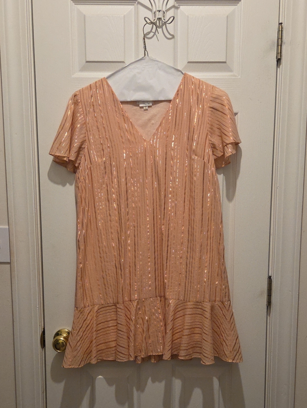 Peach Sequin V-Neck Ruffle Mini Dress